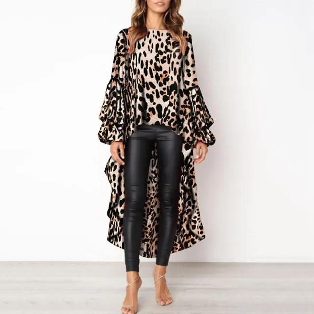 Long Sleeve Irregular Female Leopard print Shirt Khaki - Shop at LoveMi