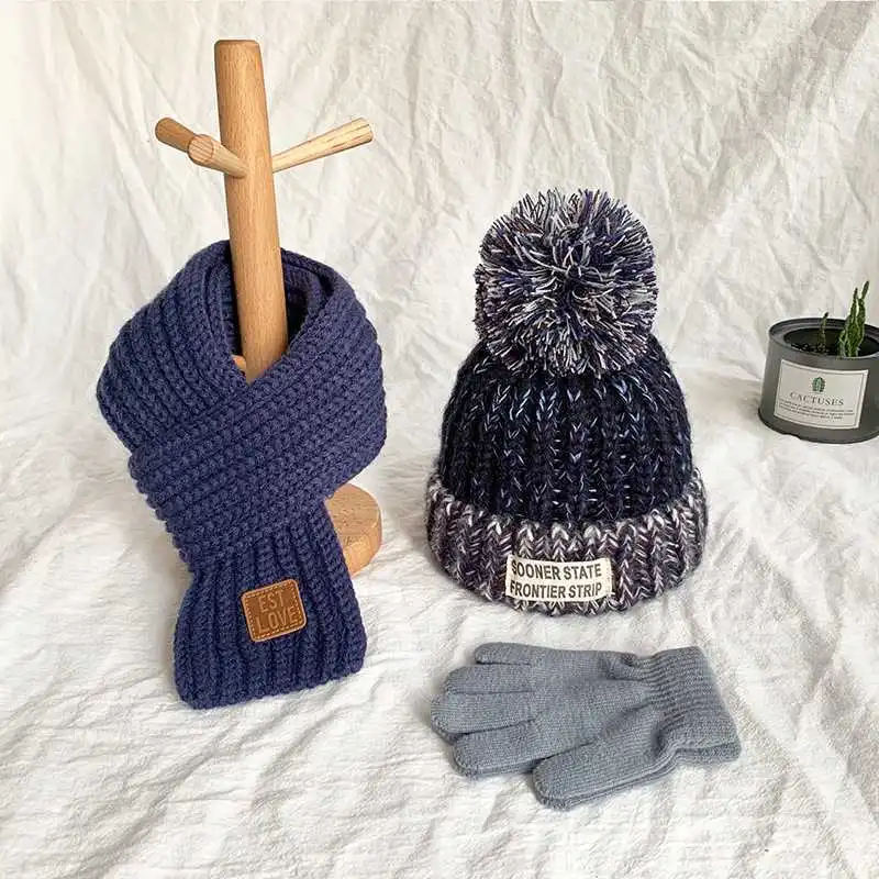 Winter Baby Winter One-year-old Girl Bandana Autumn And Winter Cute Princess Hat Scarf Two-piece Set - Single Navy Blue Towel Gloves