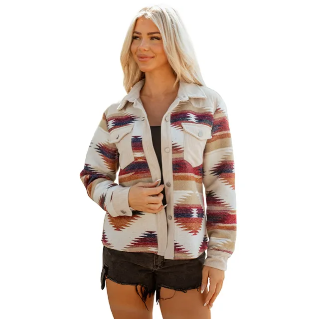 New Single Row Multi buckle Casual All matching Printed Ribbed Long Sleeve Jacket Lc854916 P22 - Shop at LoveMi