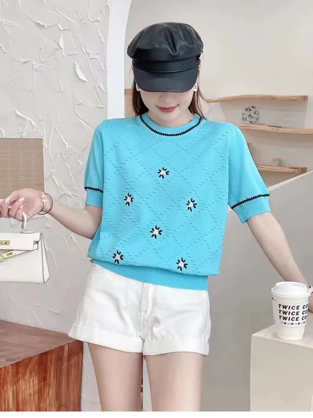 Embroidered Classic Style Ice Silk Sweater Women's Clothing Blue 39155 - Shop at LoveMi