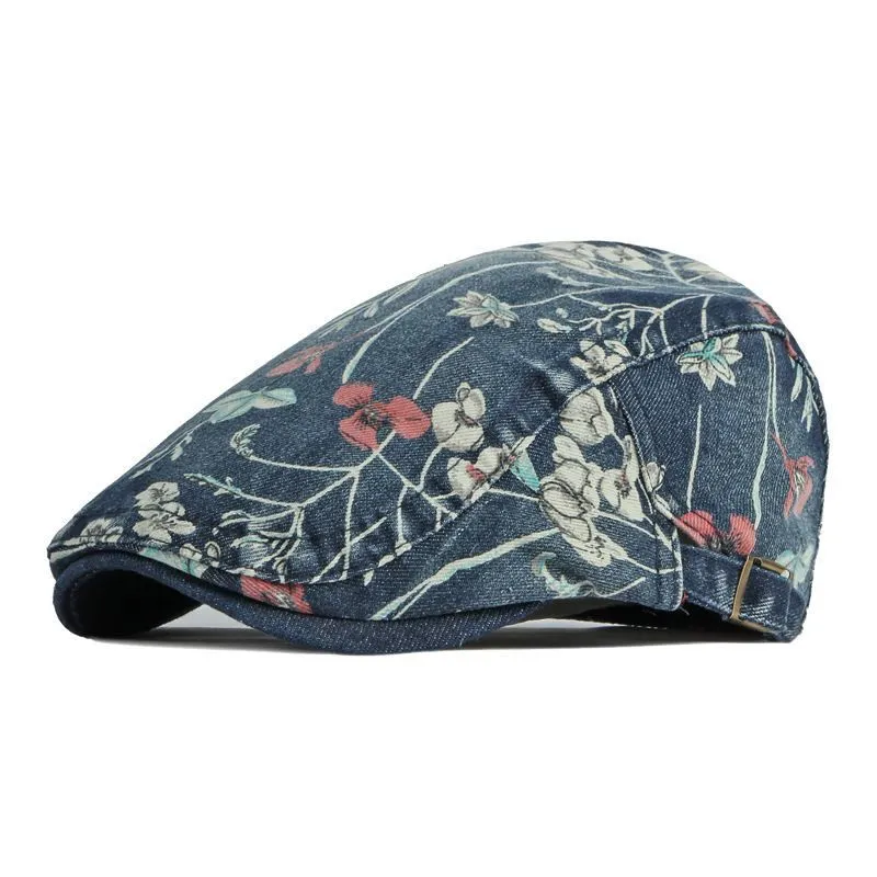 Denim Hat Advance Hats Flower Printed All-matching Peaked Cap - Dark Blue