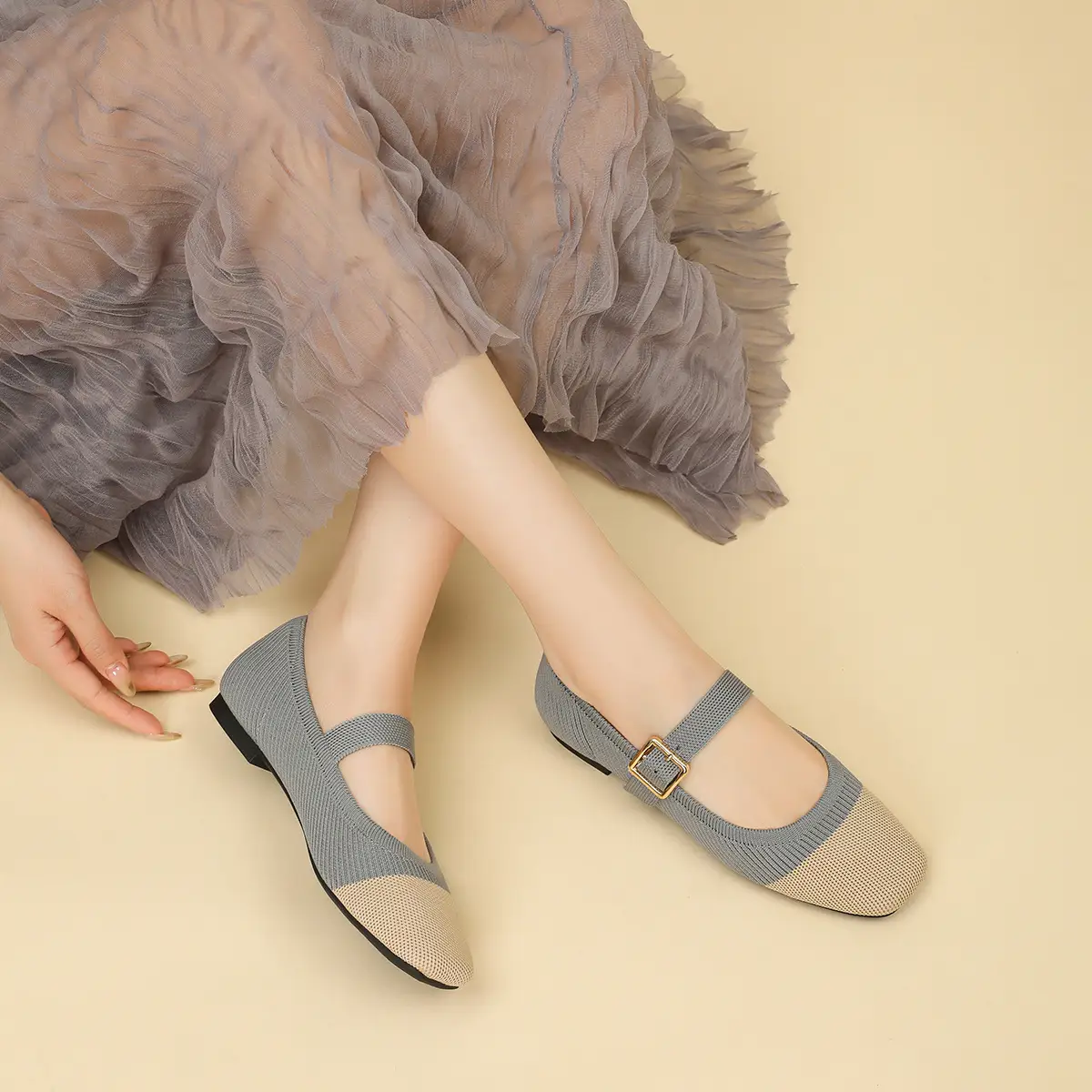 One-word Embellishment Fly-knit Mary Jane Pumps Woven Flat Single-layer Shoes