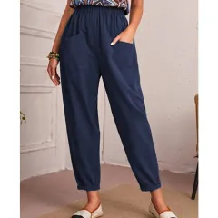 Women's Cotton Linen Elastic-waist Casual Pants - Blue - View 1