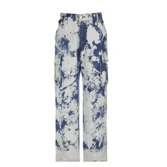Washed Tie-dye Pocket Stitching High Waist Straight Jeans - Blue - View 1