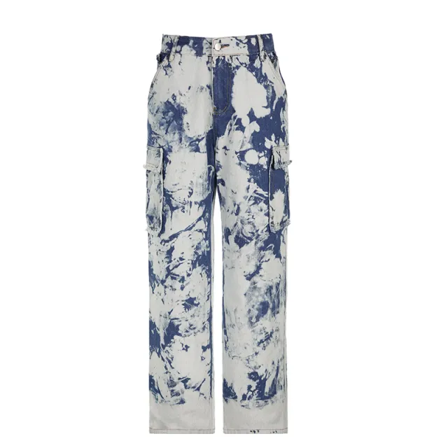 Washed Tie dye Pocket Stitching High Waist Straight Jeans Blue - Shop at LoveMi