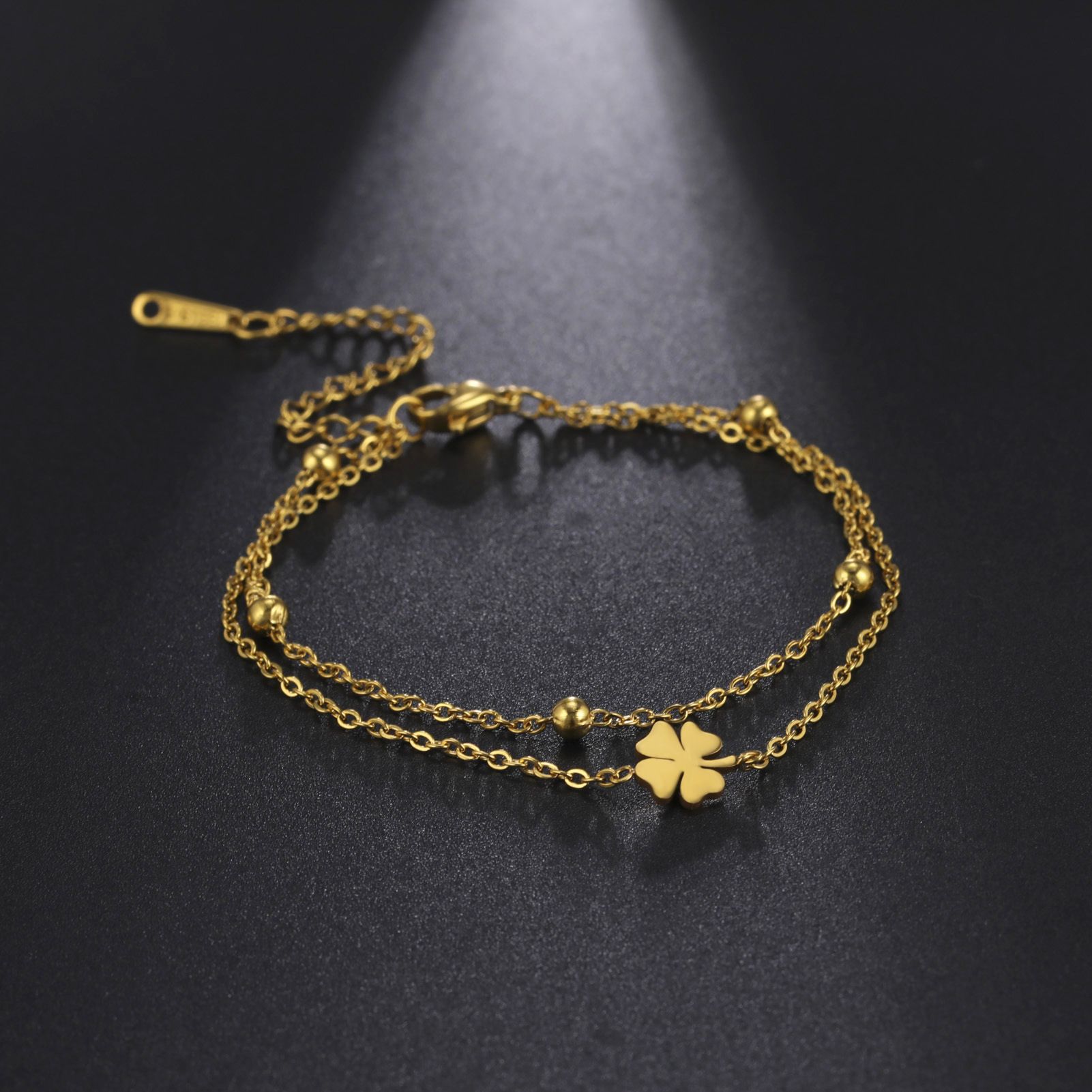 Stainless Steel Cut Clover Charm Double-layer Ankle Bracelet For Women