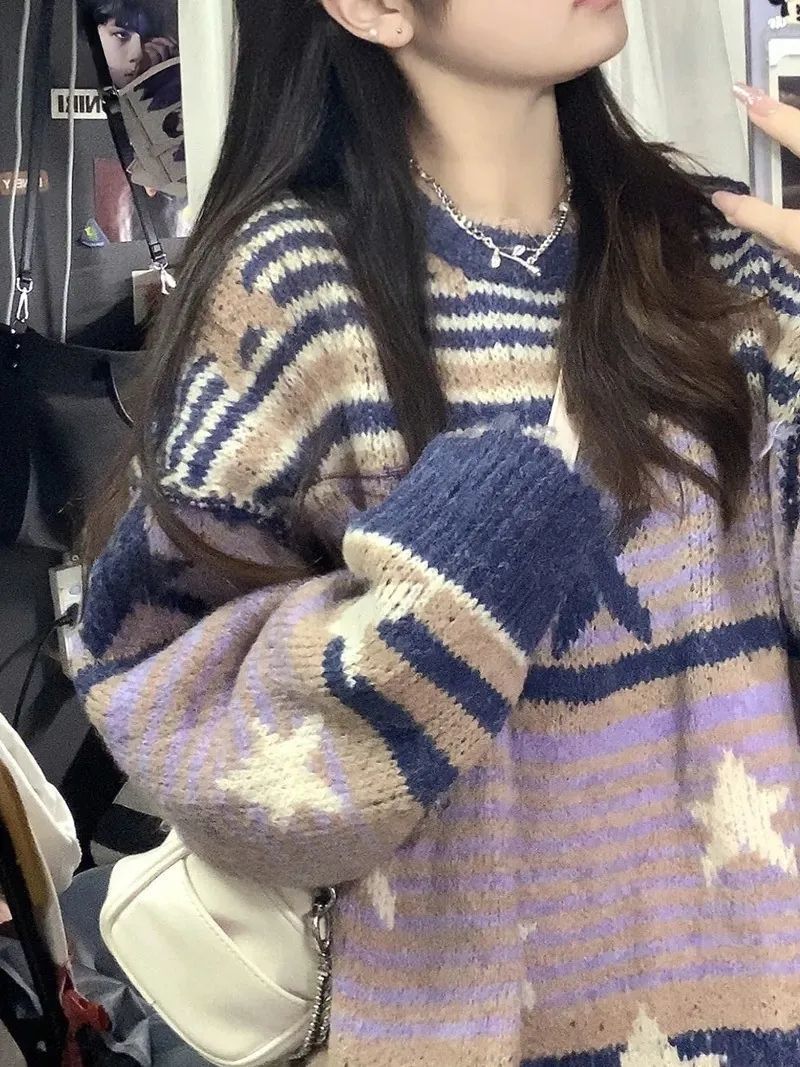 Women's Fashion Striped Crew Neck Pullover Sweater