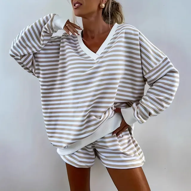 Women's Two Piece Set Long Sleeve V Neck Loose Top And Athletic Shorts Mixed Color Xxl - Shop at LoveMi