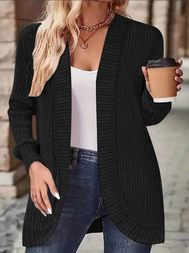 Solid Color Casual Knitted Long Sleeve Cardigan Coat Black - Shop at LoveMi