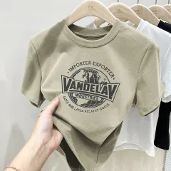 Retro Slim-fit Crop-top Women's Short-sleeved T-shirt - Light Khaki - View 1