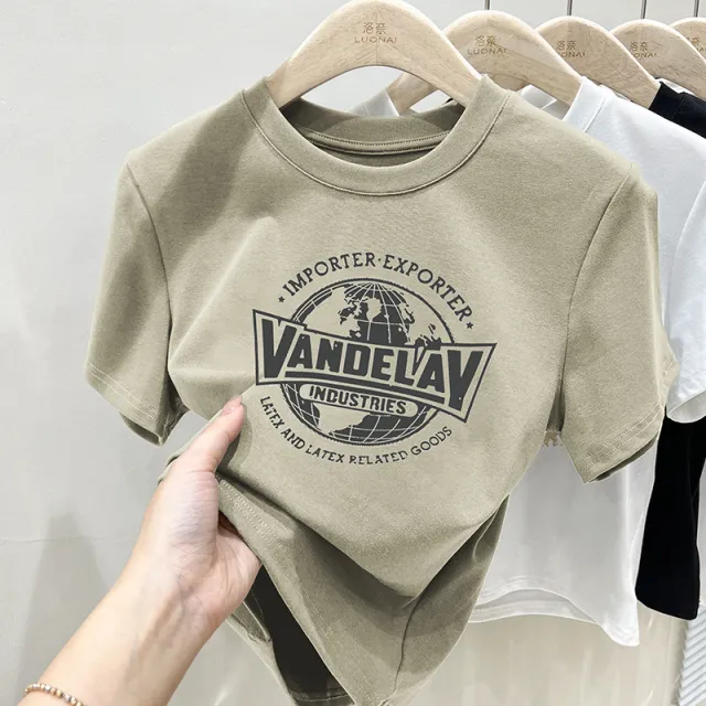 Retro Slim fit Crop top Women's Short sleeved T shirt Light Khaki - Shop at LoveMi