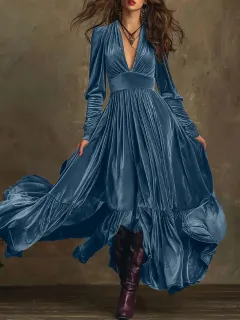 Retro Floor-length A-line Dress With Deep V-neck And Long Sleeves - Blue - View 1
