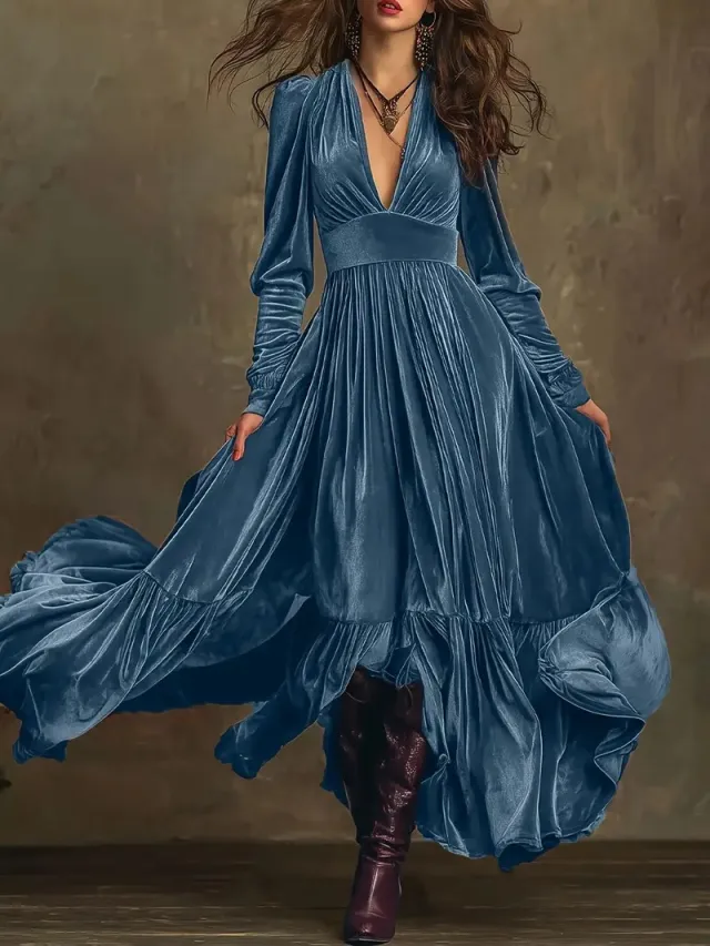 Retro Floor length A line Dress With Deep V neck And Long Sleeves Blue - Shop at LoveMi