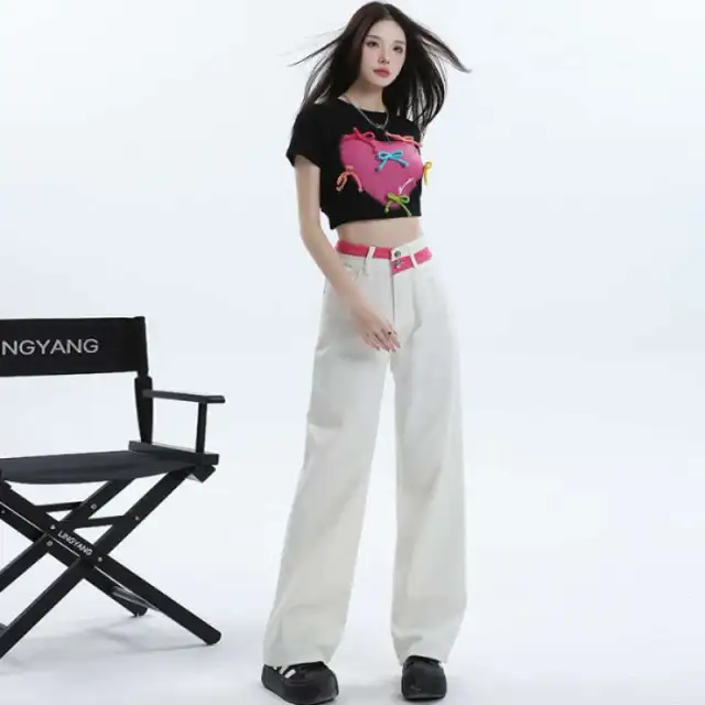 Women's All match Casual Straight leg Wide leg Jeans Rose Red Trousers - Shop at LoveMi