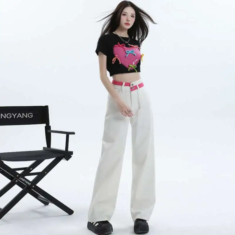 Women's All-match Casual Straight-leg Wide-leg Jeans - Rose Red Trousers