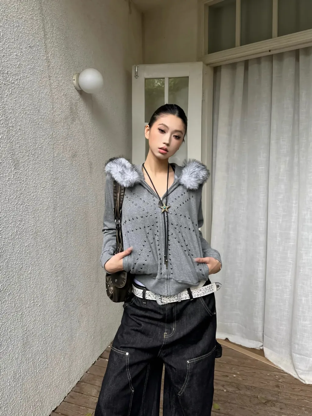 Women's Casual Loose Retro M Fur Collar Hood Bathroom Coat - Gray