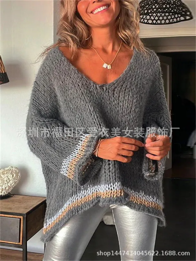 Autumn And Winter Striped Contrast Color Pullover Knitted Sweater Gray - Shop at LoveMi