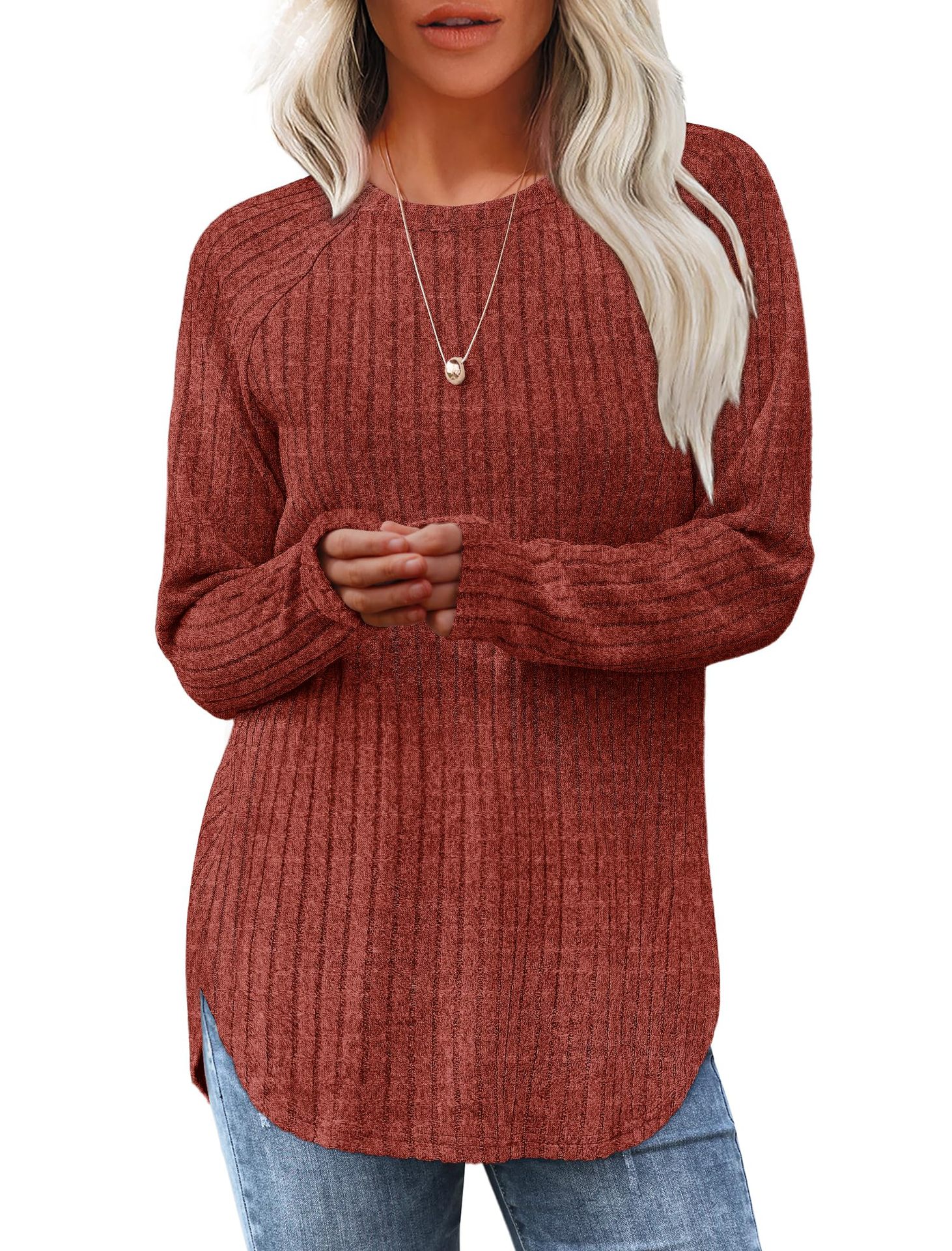 Women&#39;s Loose Round Neck High-Low Curved Hem Tops