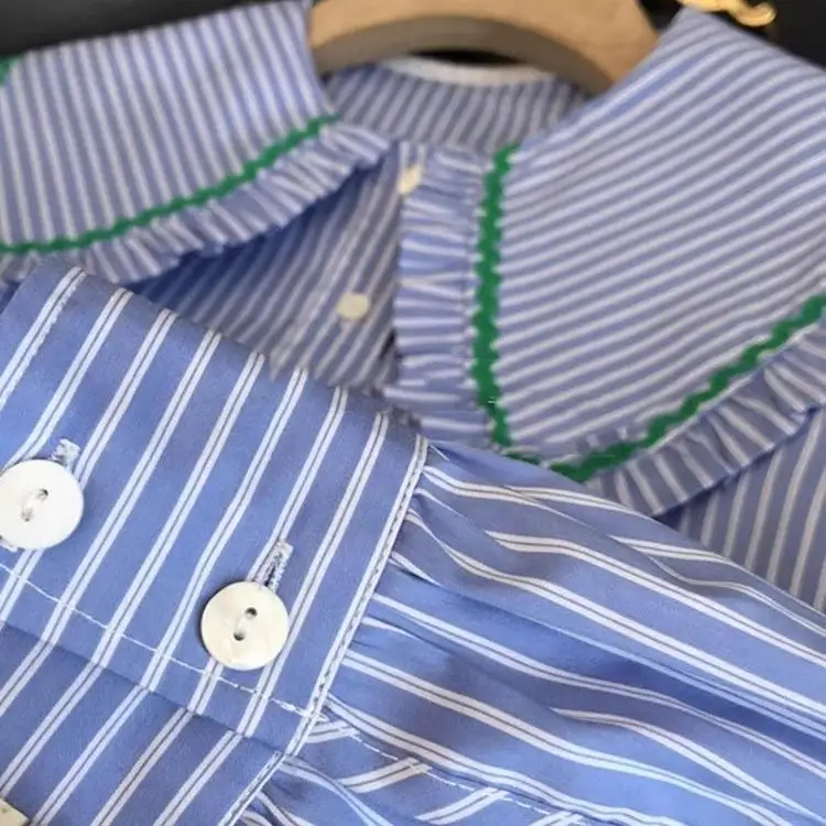 Contrast-color Doll-collar Striped Shirt Women's Top