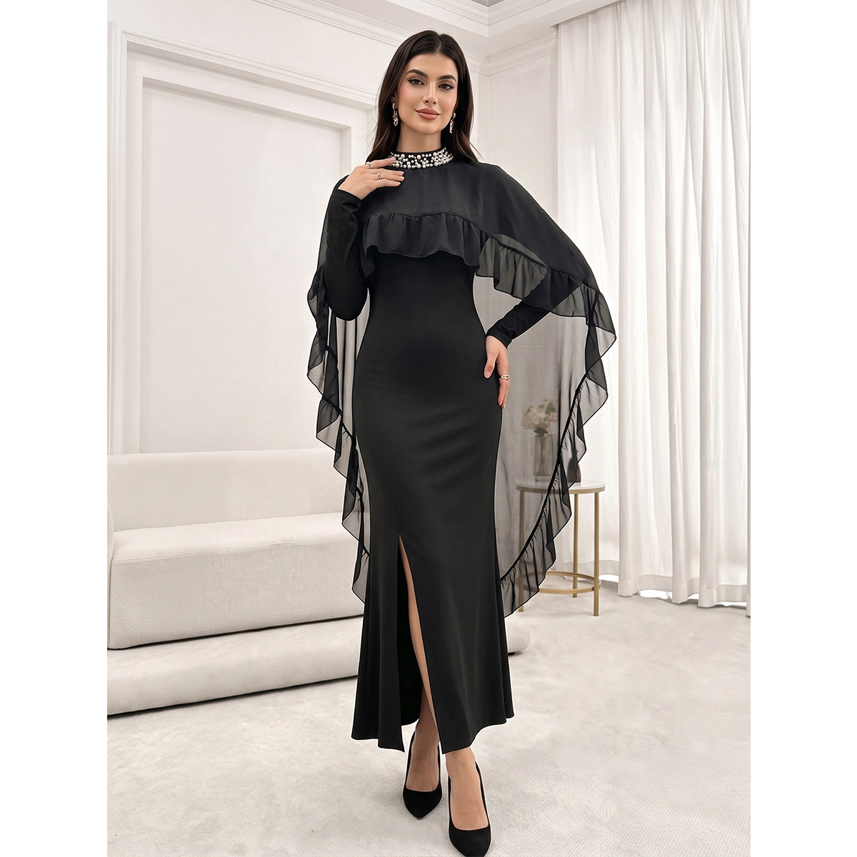 Female Nail Bead Half High Neck Mesh Ruffle Edge Dress