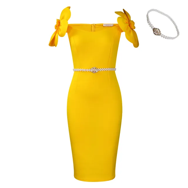 Women's Three dimensional Floral Elegant Dress Yellow Belt - Shop at LoveMi