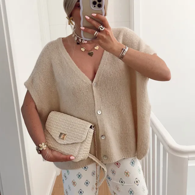 Loose Casual V neck Single breasted Knitted Cardigan Sweater Coat Khaki - Shop at LoveMi
