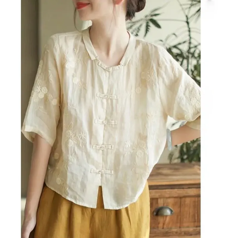 Cotton And Linen Embroidery Embroidered Shirt For Women Summer - Red
