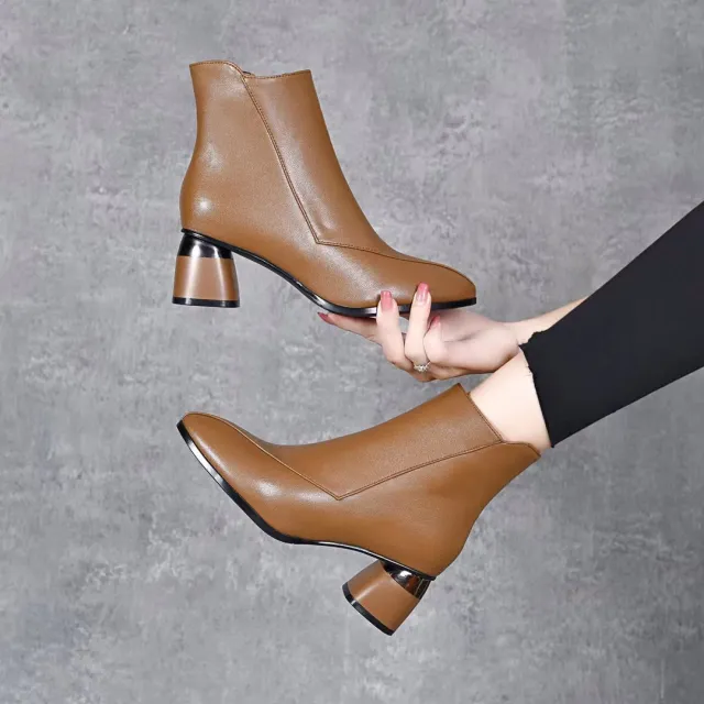 Women's Fashion Pointed Toe Chunky Heel Cowhide Ankle Boots Khaki - Shop at LoveMi