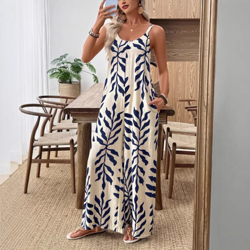 Womens Casual & Elegant V-Neck Jumpsuit With Tropical Leaf Print And Pockets For Women