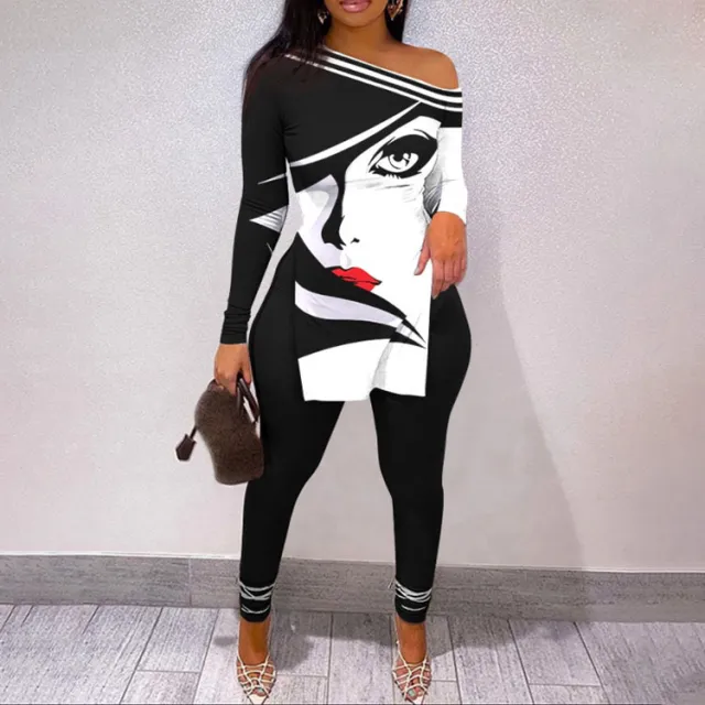 Autumn And Winter New Letter Floral Print Slit Hem Long Sleeve Top Suit Women Black 02 - Shop at LoveMi