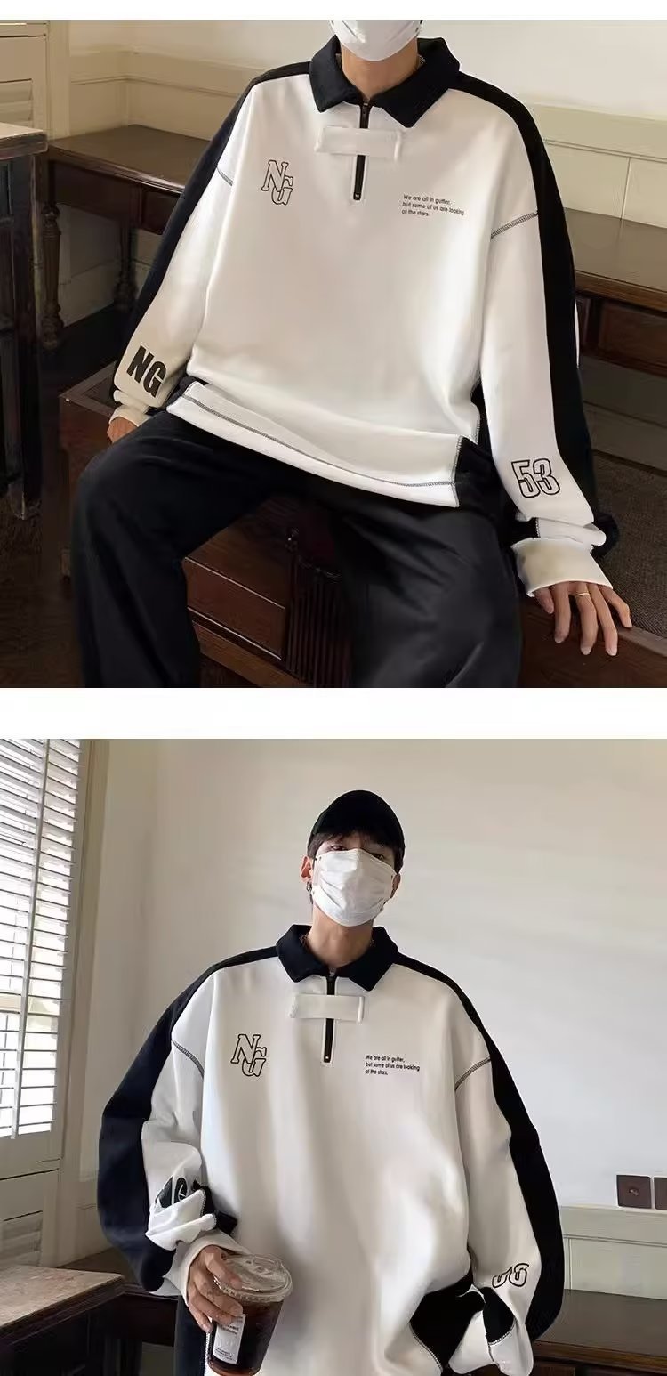 Off-the-shoulder Lapel Polo Shirt Couple Coat American Pre-school Style Sweater For Men