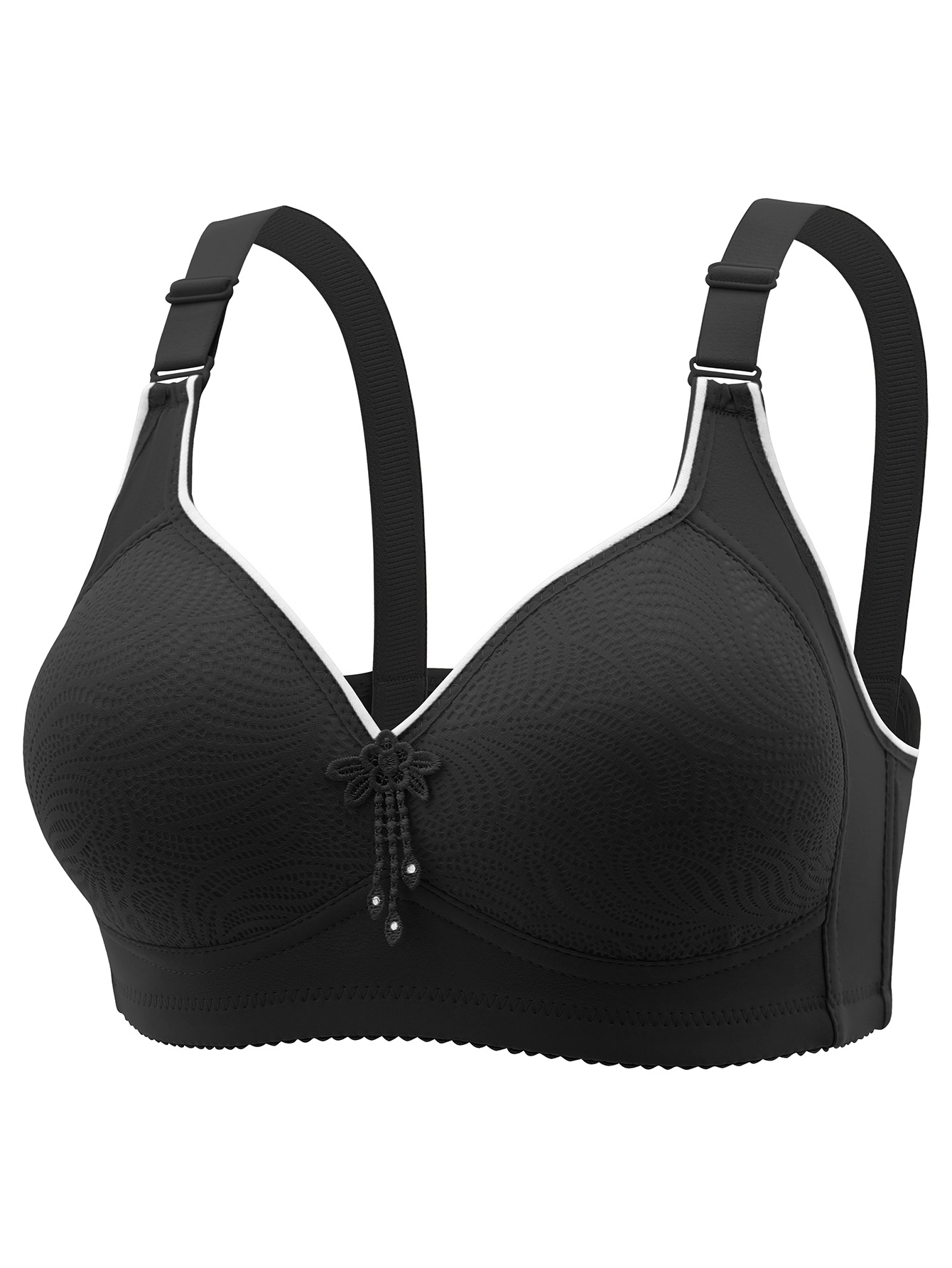 Lace Floral-patterned Wireless Bra With Four-row Three-hook Closure And Padded Cups S Black