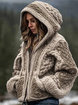 Womens Fashionable Printed Hooded Zip-Up Cardigan Sweater