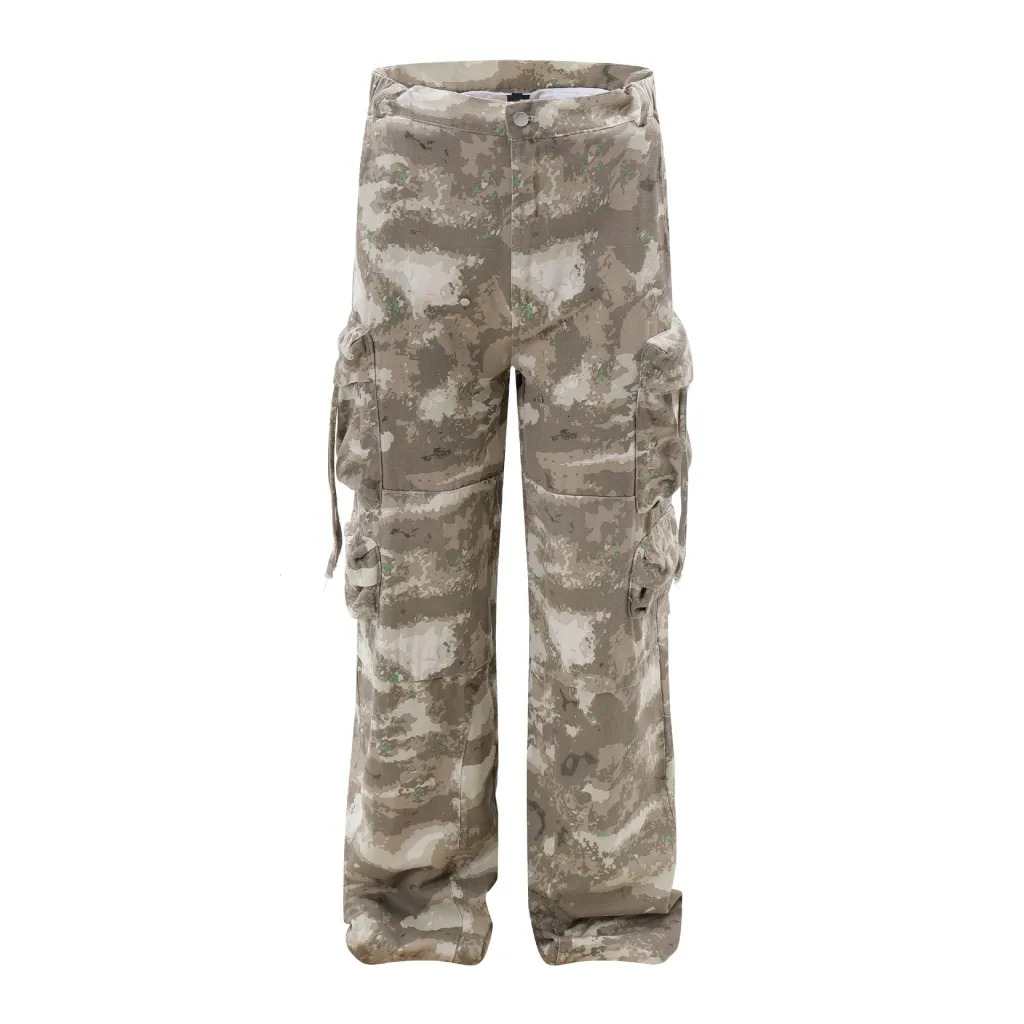 Multi-pocket Camouflage Denim Overalls Loose Wide-leg Straight Trousers - Camouflage