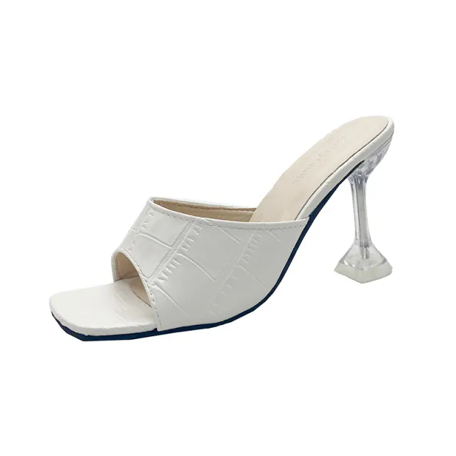 New Style Rhombus French Style Sandals Women's Outer Wear Square Toe High Heels White - Shop at LoveMi