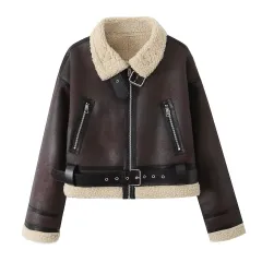 Wear Fur Integrated Lapel Thickening Warm Double-sided Casual Short Jacket Coat - Dark Brown - View 1