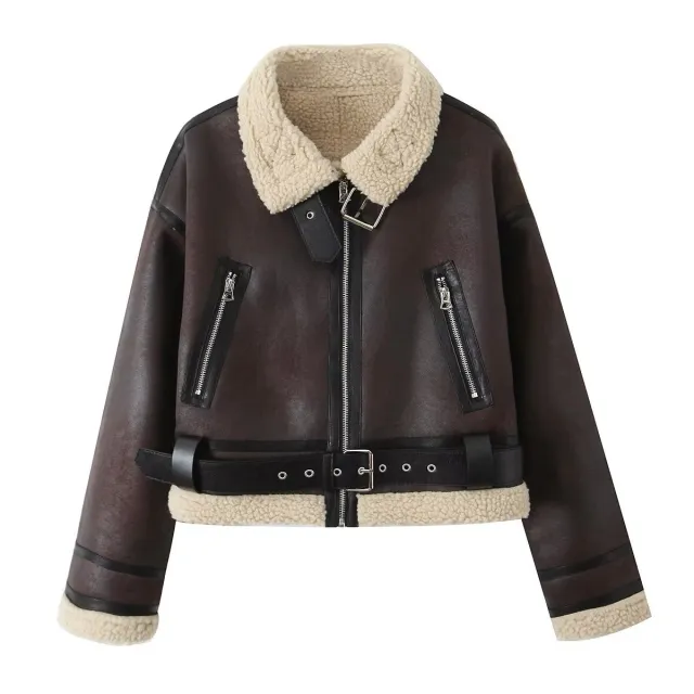 Wear Fur Integrated Lapel Thickening Warm Double sided Casual Short Jacket Coat Dark Brown - Shop at LoveMi