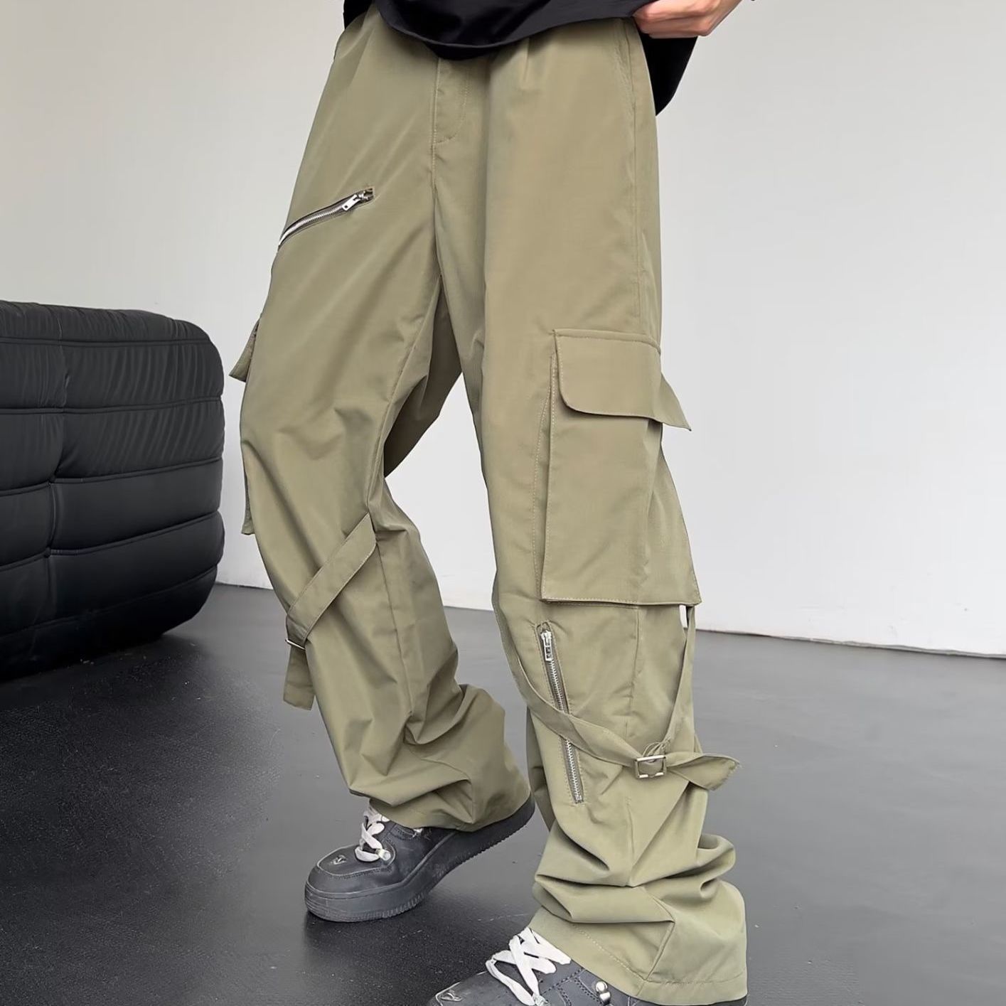 Street Pu Shuai Personality Bandage Zipper Pocket Overalls Men