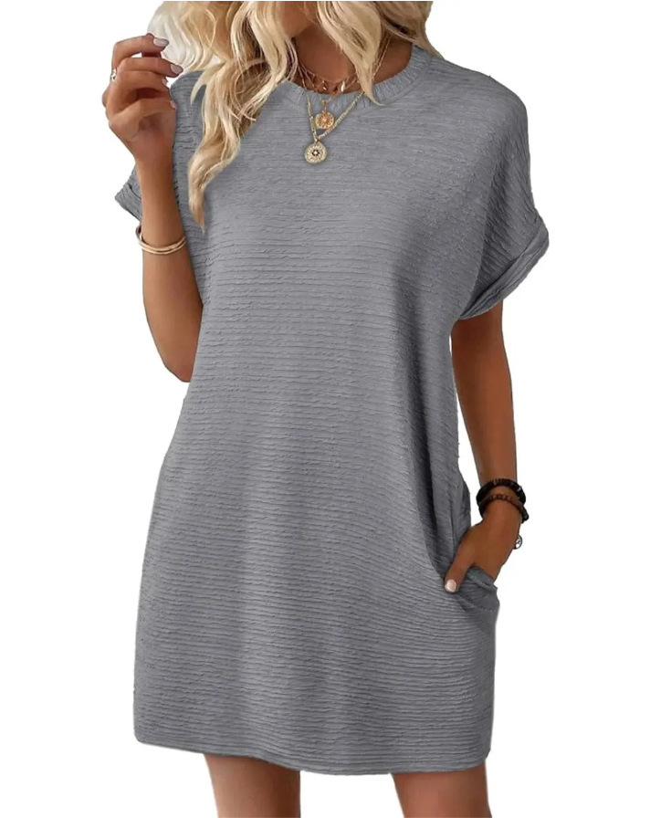 Summer New Loose Round Neck Pocket Solid Color Short Sleeve Dress Women Gray - Shop at LoveMi