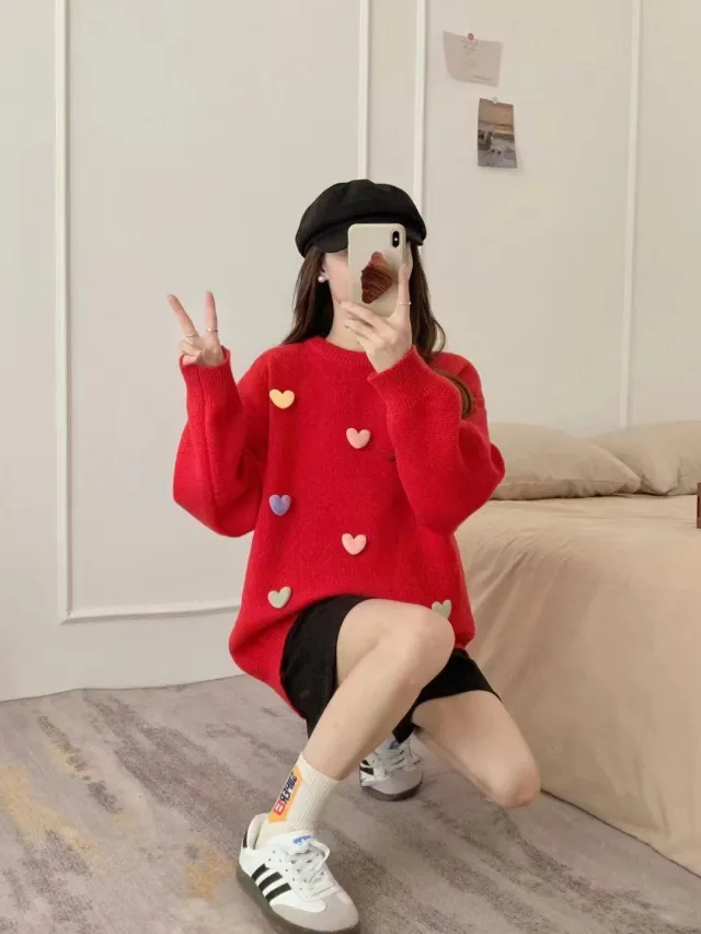 Loose And Lazy Style Sweet Knitted Sweater Pullover Autumn And Winter New Red - Shop at LoveMi