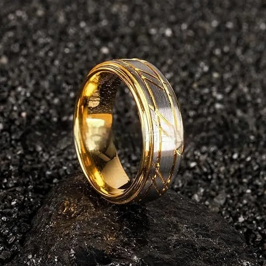 Men's Yellow Gold 8mm Simple Design Polished Twill Tungsten