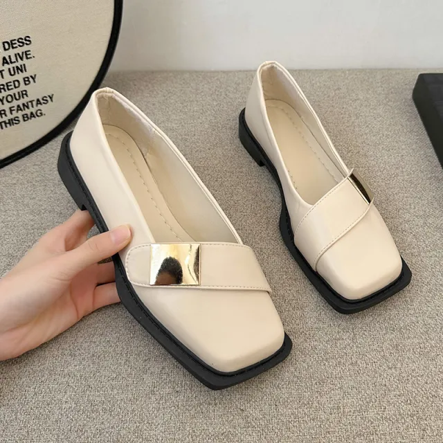 Metal Buckle Square Head Women's Flat heeled Shoes Beige - Shop at LoveMi
