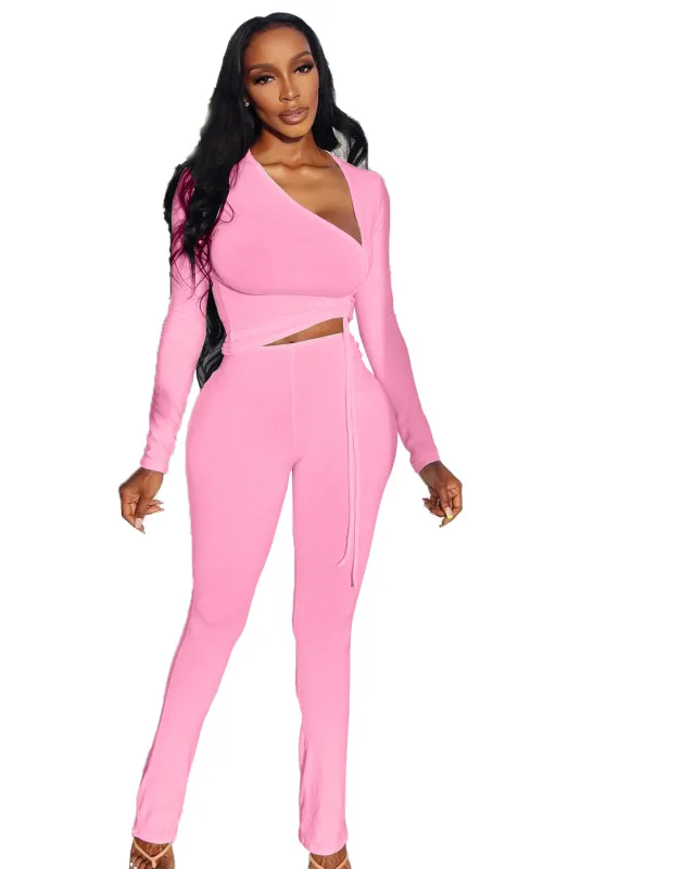 Women's Clothing Fashion Irregular Collar Drawstring Two piece Suit Pink - Shop at LoveMi