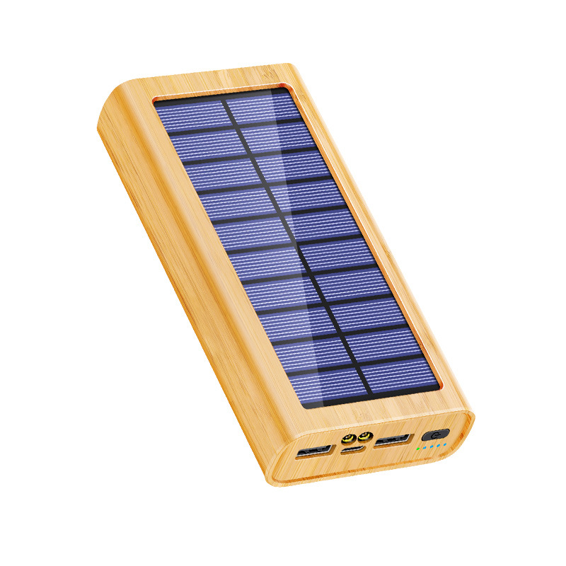 Solar-powered Wood-grain Power Bank Outdoor Portable Charger With LED Light 3