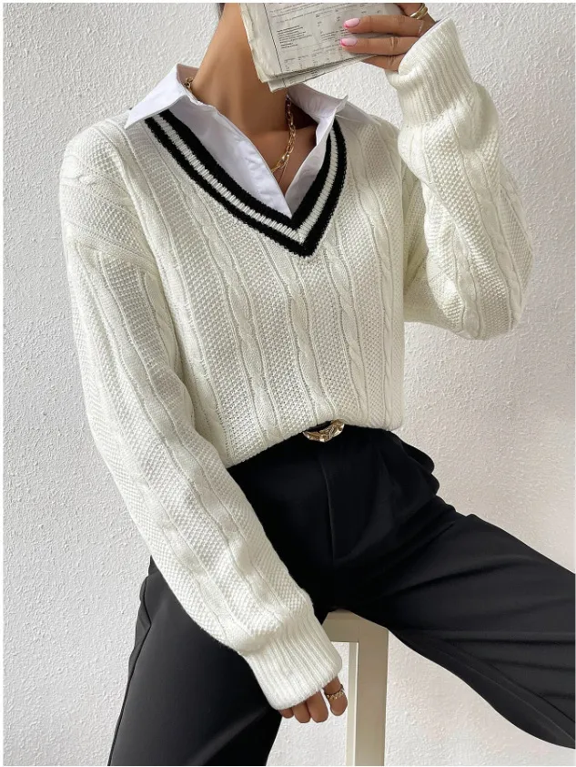 V neck Pullover Knitted Sweater Fashion White - Shop at LoveMi