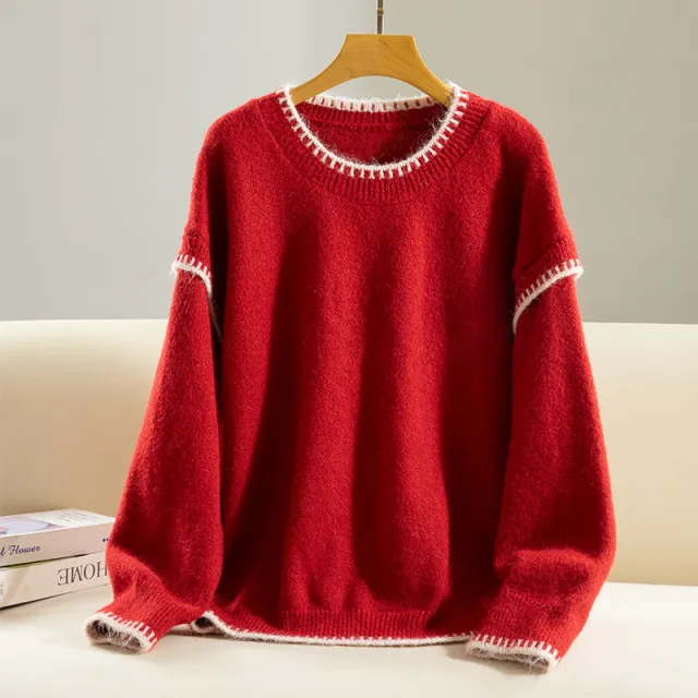 Base Layer Color block Stylish Youthful Versatile Sweater Red - Shop at LoveMi