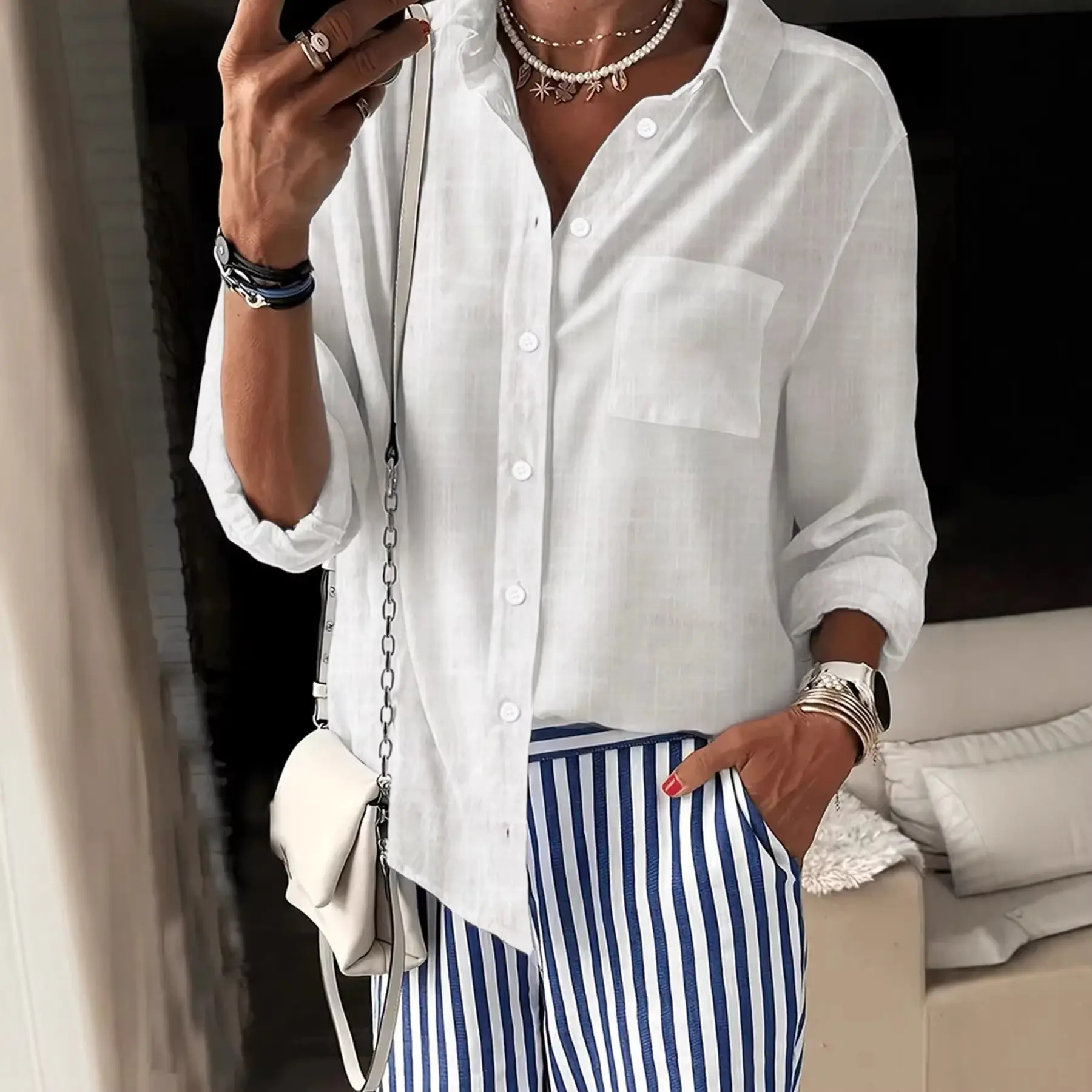 Womens Pure Cotton Shirt Casual Loose-Fit Bamboo-Strip