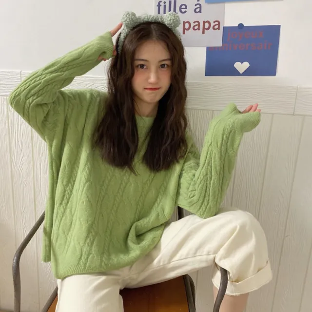 Knitted Cable knit Pullover Sweater Women's Tops Winter Loose And Idle Women's Green - Shop at LoveMi