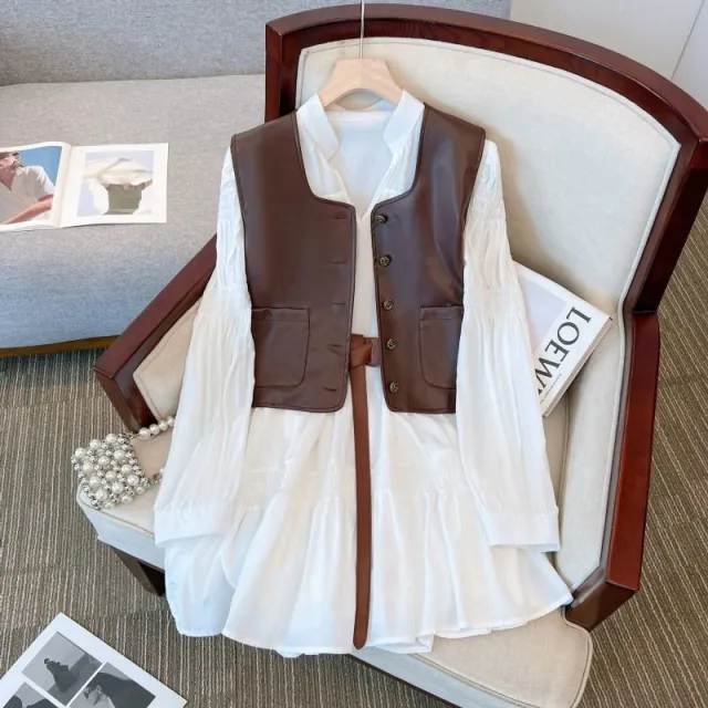 French Retro Shirt Dress Women's Vest Two piece Set Suit Xl - Shop at LoveMi