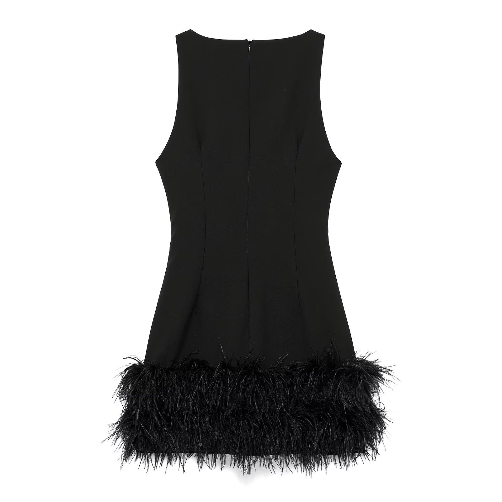 Women's Elegant Style Black Dress Hem Feather Decoration